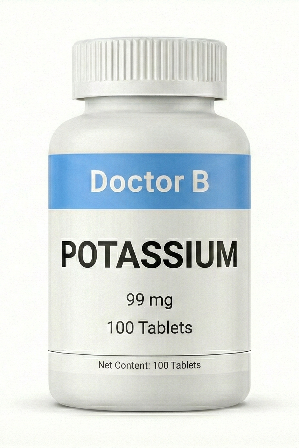Bottle of Doctor B Potassium tablets on a white background