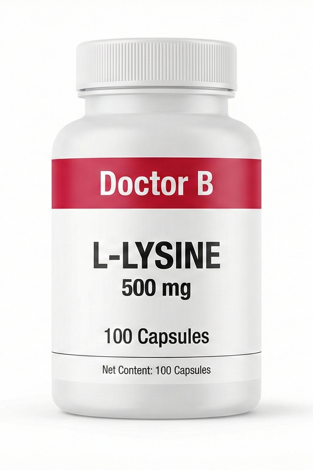 Bottle of Doctor B L-Lysine 500 mg capsules on a white background