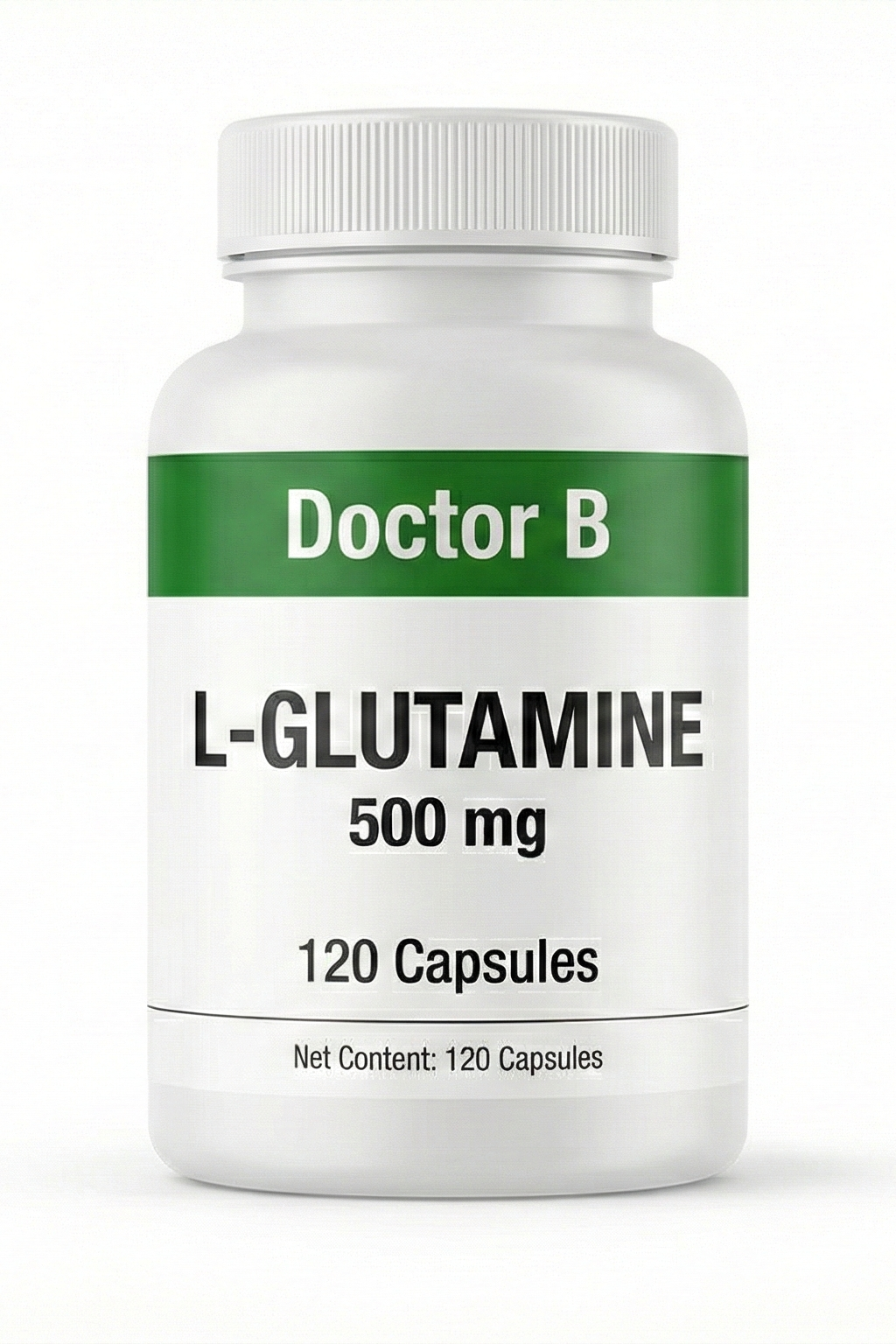 Bottle of Doctor B L-Glutamine capsules on a white background