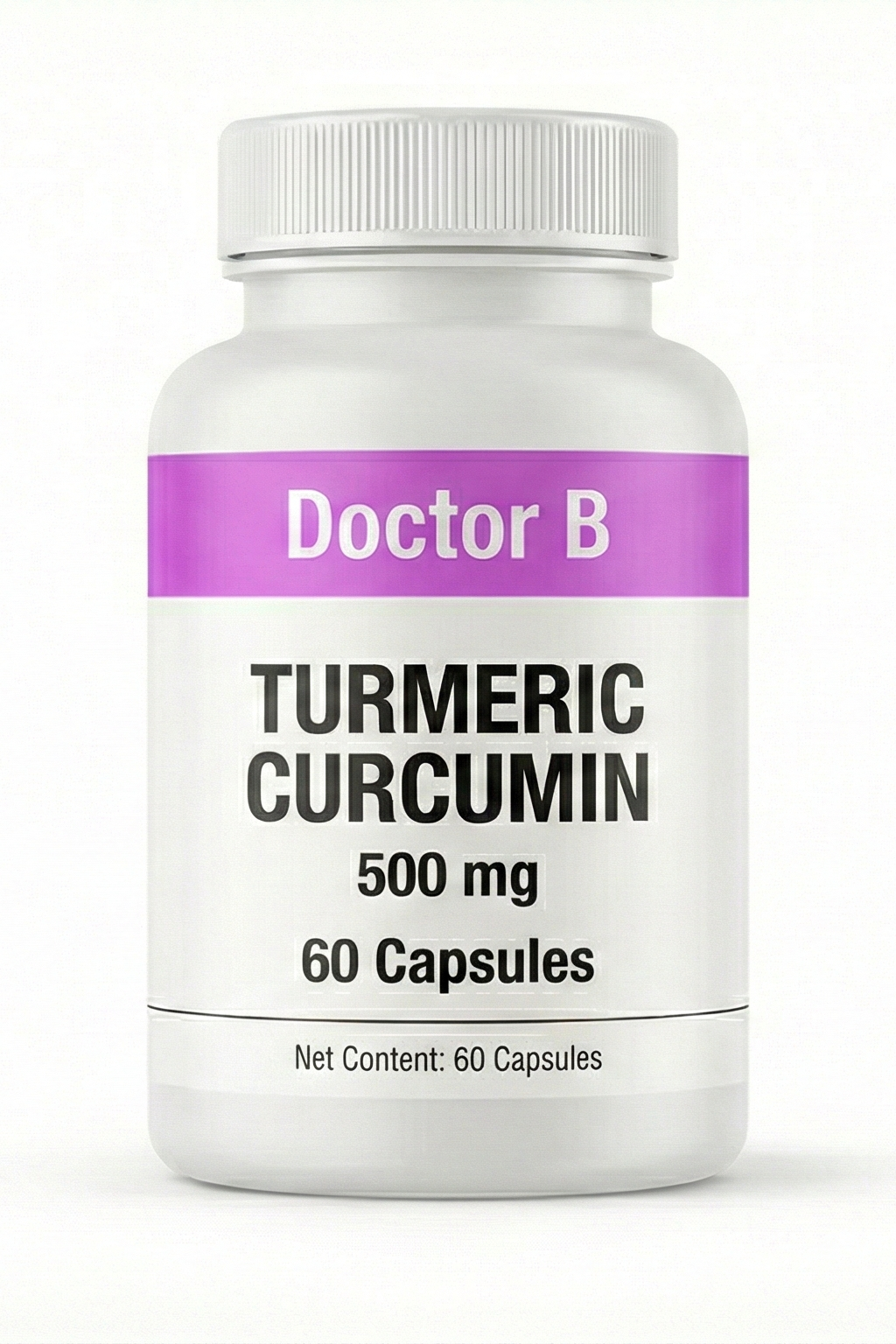 Bottle of Doctor B Turmeric Curcumin capsules on a white background