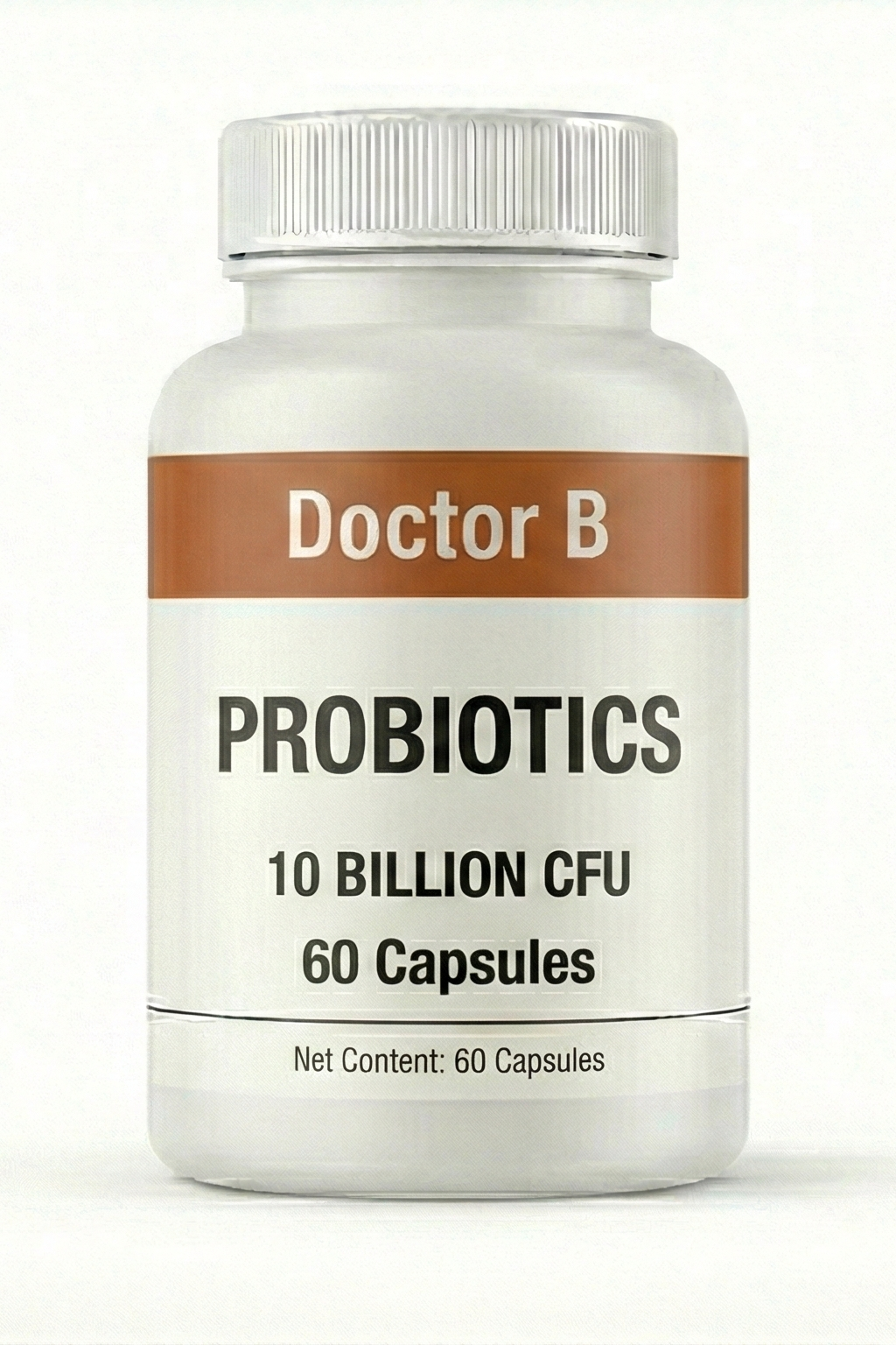 Bottle of Doctor B Probiotics on a white background