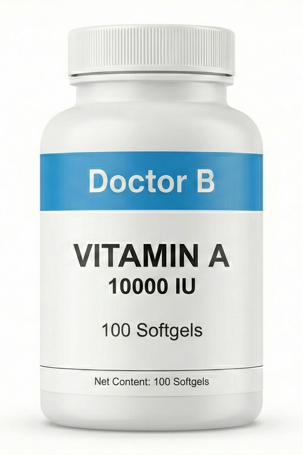 Vitamin A supplement bottle labeled 'Doctor B' on a white background