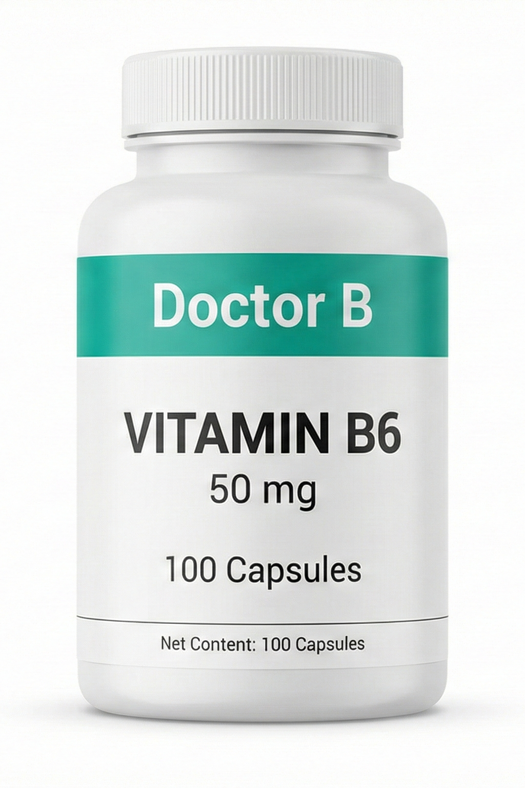 Bottle of Doctor B Vitamin B6 50 mg capsules on a white background