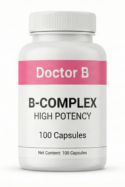 B-complex supplement bottle labeled 'Doctor B' on a white background