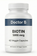 Bottle of Doctor B Biotin 5000 mcg supplement on a white background
