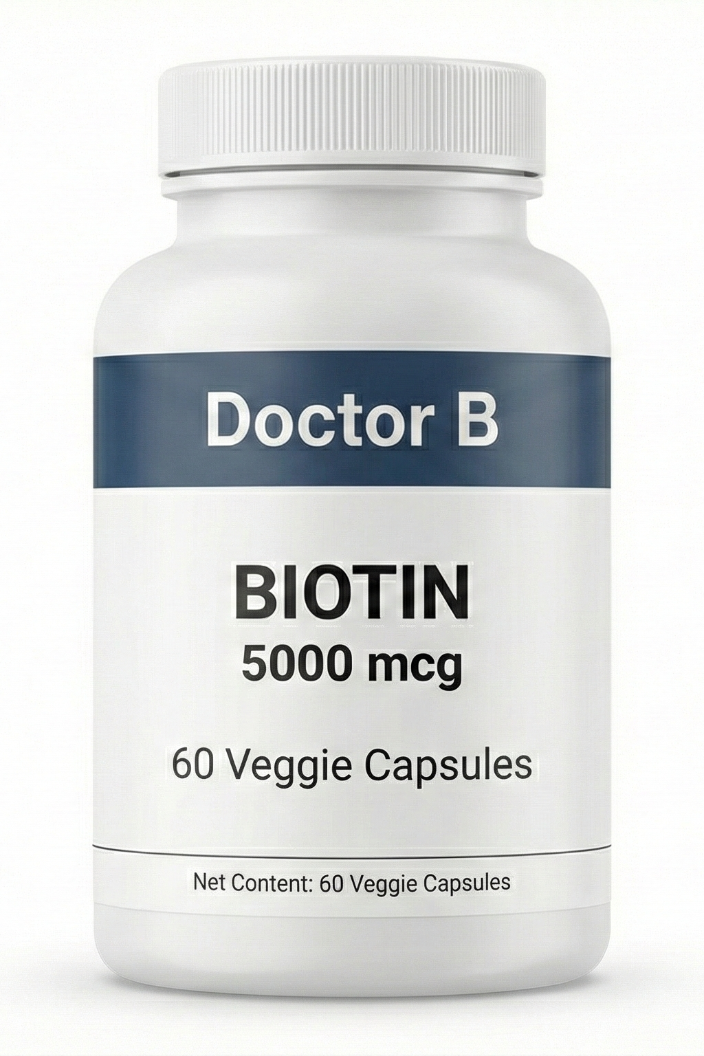 Bottle of Doctor B Biotin 5000 mcg supplement on a white background